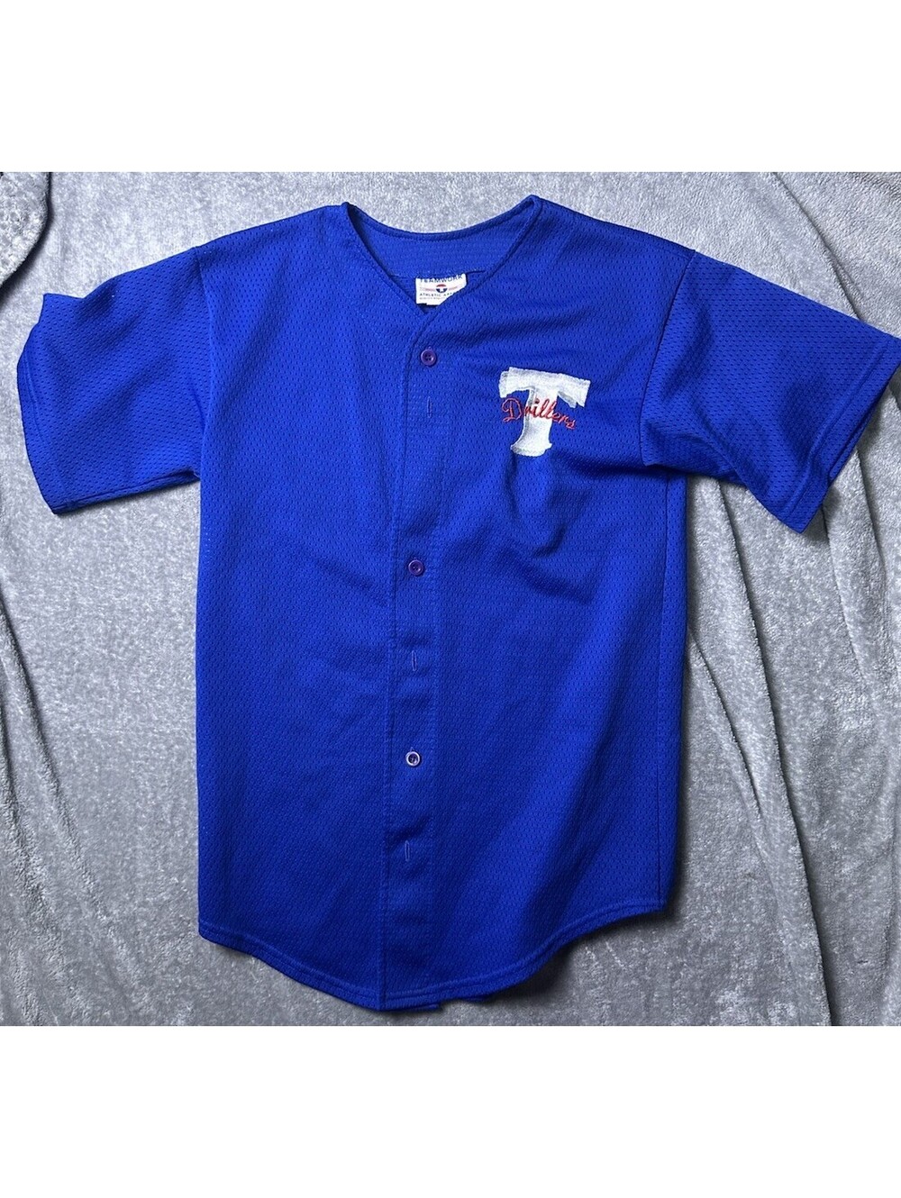 Vintage Teamwork Drillers #9 Baseball Jersey Blue Mesh Button Front USA 90s